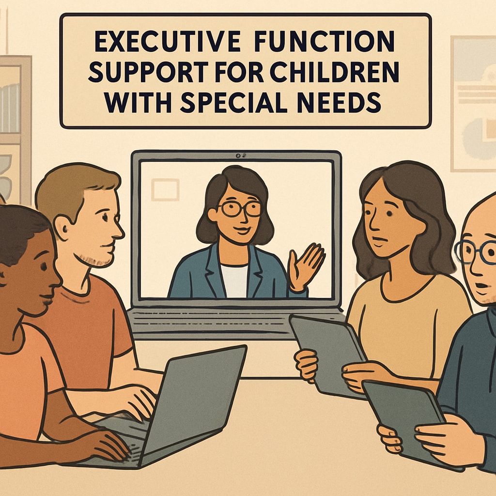 Parents attending an online summit on executive function support for special needs children.