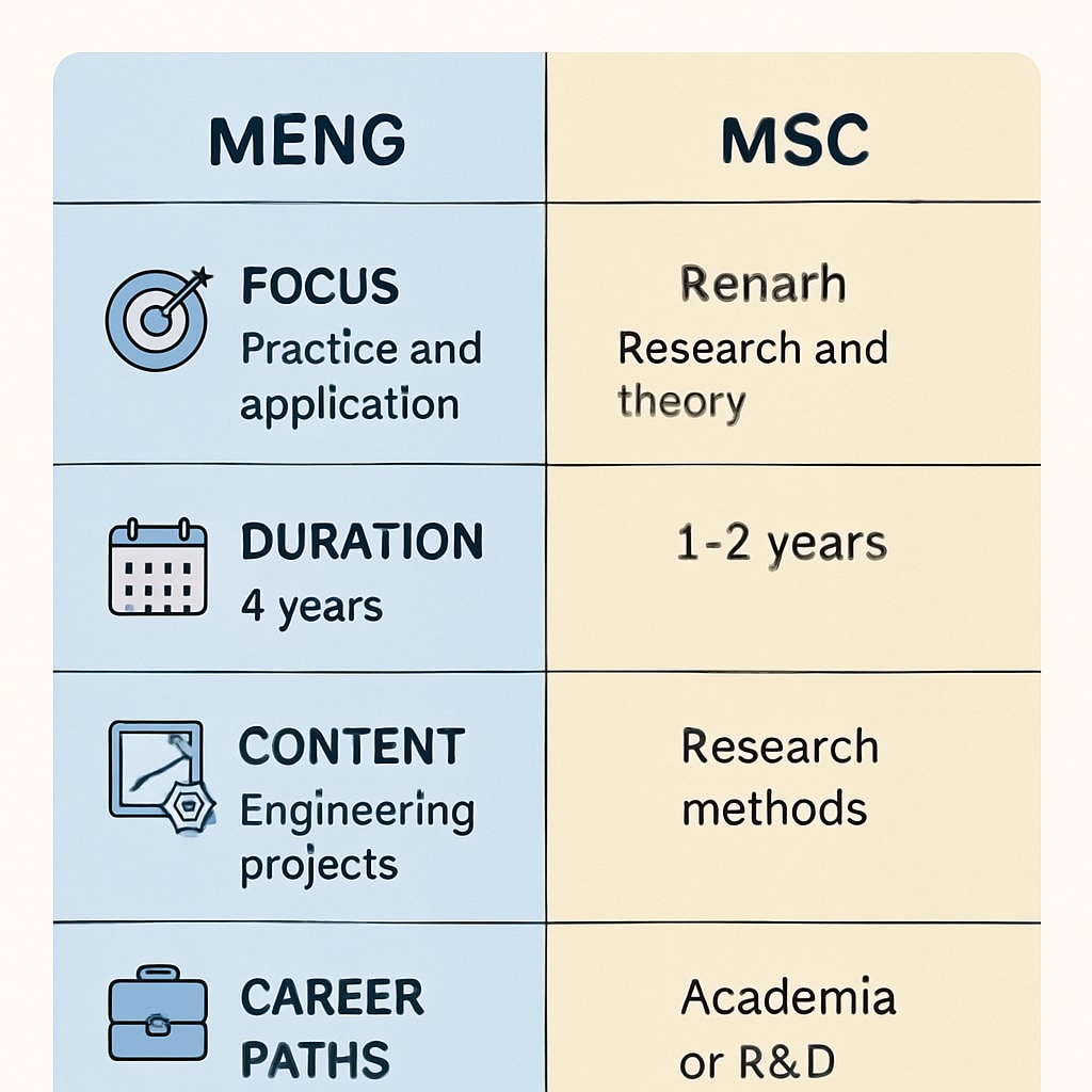 A comparative chart or infographic visually explaining the key differences between MEng and MSc degrees in design engineering. MEng vs MSc design engineering comparison chart for career pathways.