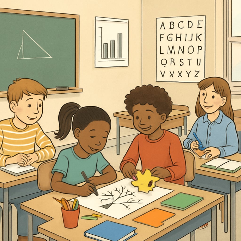 A classroom setting where students are engaging in a creative activity, symbolizing inclusion of diverse learning styles. Inclusive classroom highlighting ADHD-friendly gifted education practices.