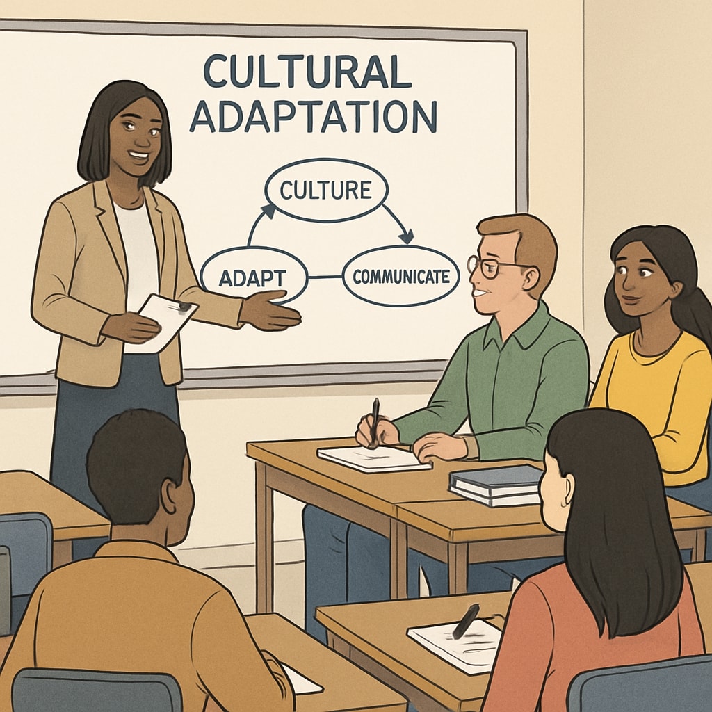 A classroom with adult learners engaged in a cultural adaptation workshop, featuring diverse participants. Adult learners in a classroom setting, discussing cultural adaptation and foundational knowledge.