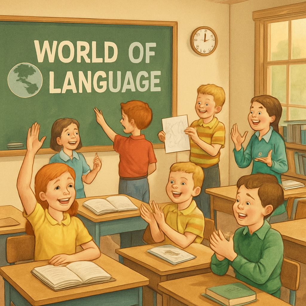 An illustration of a vintage elementary school classroom with children actively engaging in language activities, reflecting the lively and interactive nature of Children in a vintage classroom engaging with
