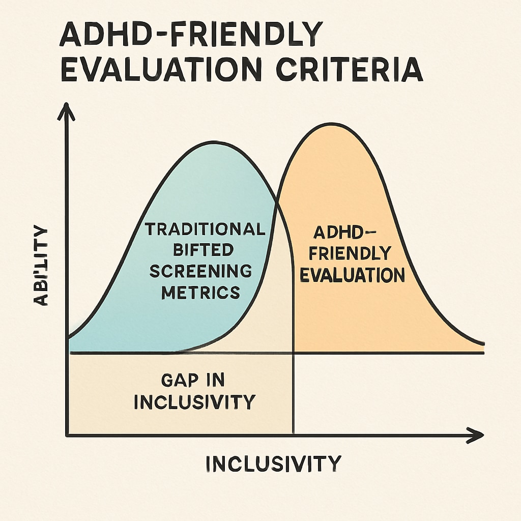A graph comparing traditional gifted screening metrics with ADHD-friendly evaluation criteria, illustrating the gap in inclusivity. Visual representation of ADHD-friendly gifted education screening methods.