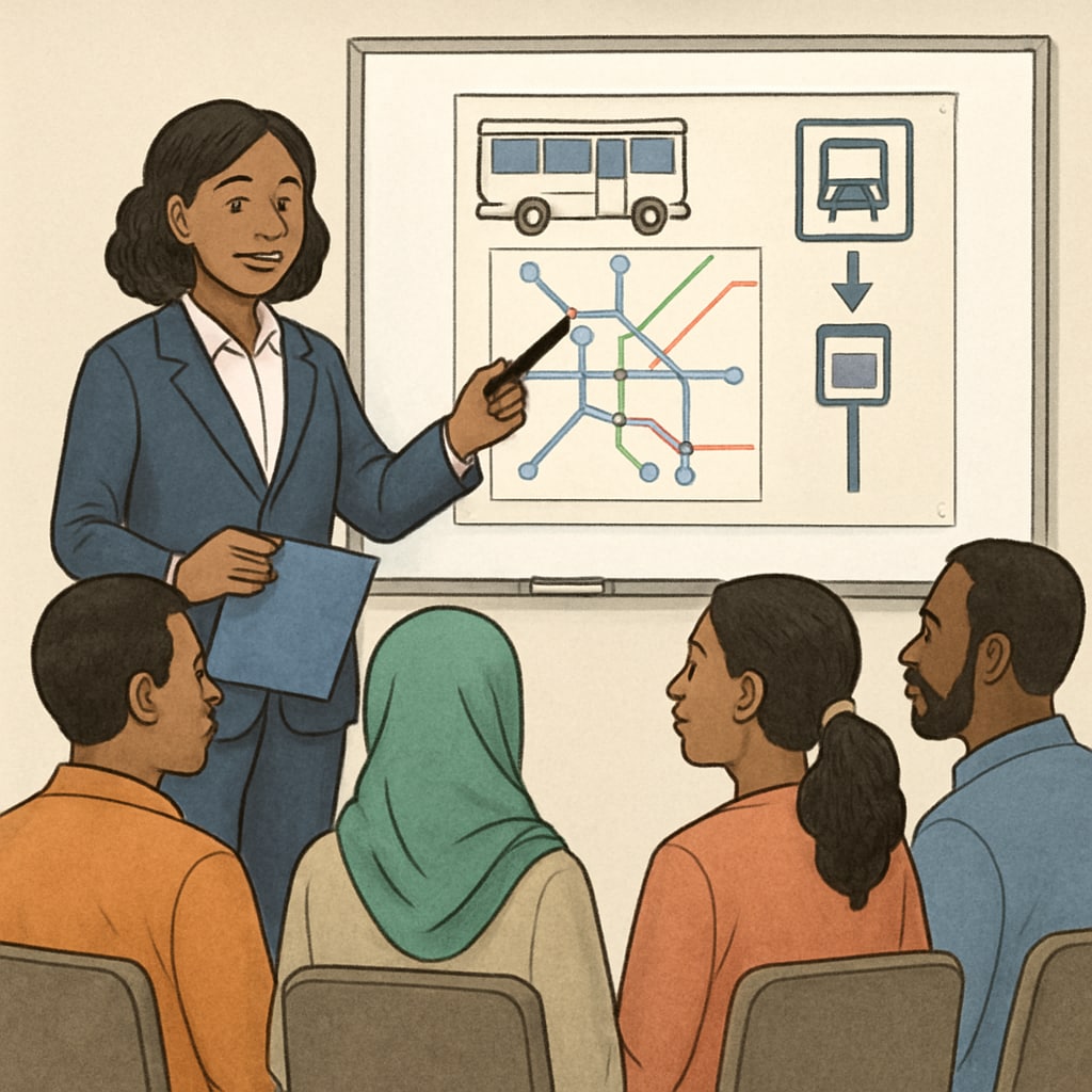 An instructor teaching a group of adult immigrants practical life skills, such as navigating public transportation. A teacher guiding adult learners through practical skills for cultural adaptation in a Western society.