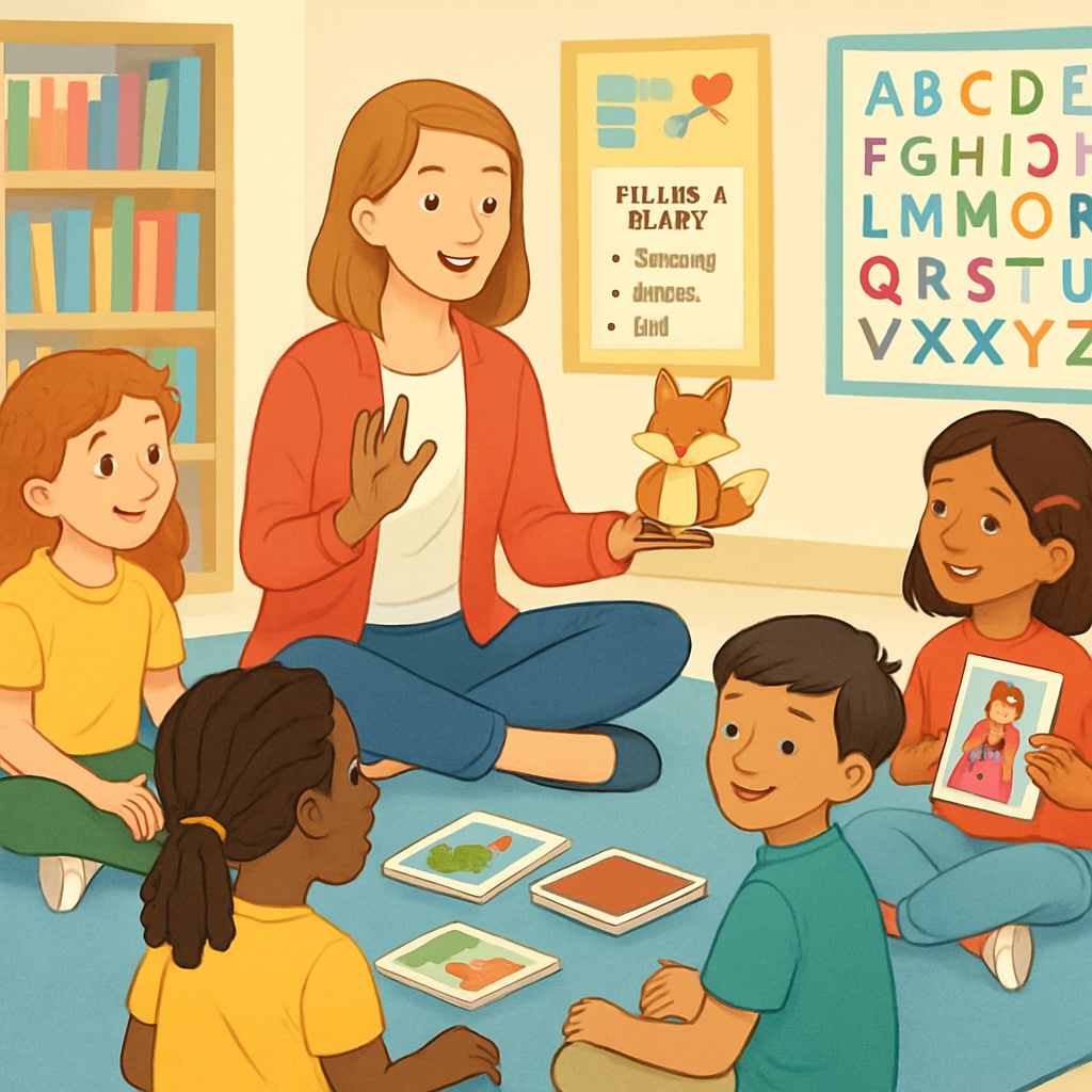 A modern classroom with children participating in storytelling activities, emphasizing an interactive and creative approach to language learning. Children in a modern classroom enjoying interactive language learning activities