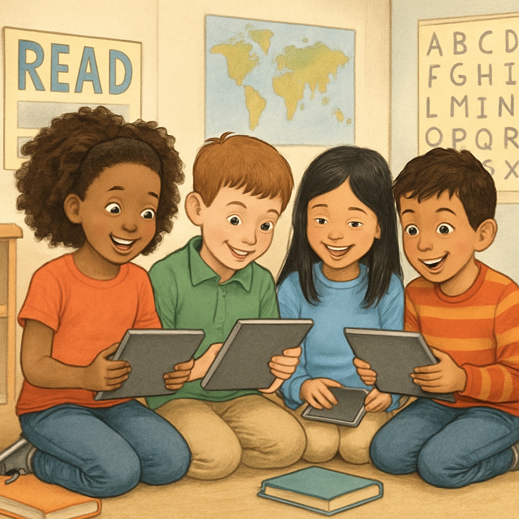 A diverse group of children excitedly using tablets for reading, symbolizing the app's target audience and purpose. Children using tablets for reading with excitement