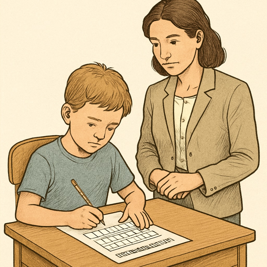 A young child taking an intelligence test at a desk with a proctor supervising. Child completing an intelligence test under supervision, representing gifted children testing.