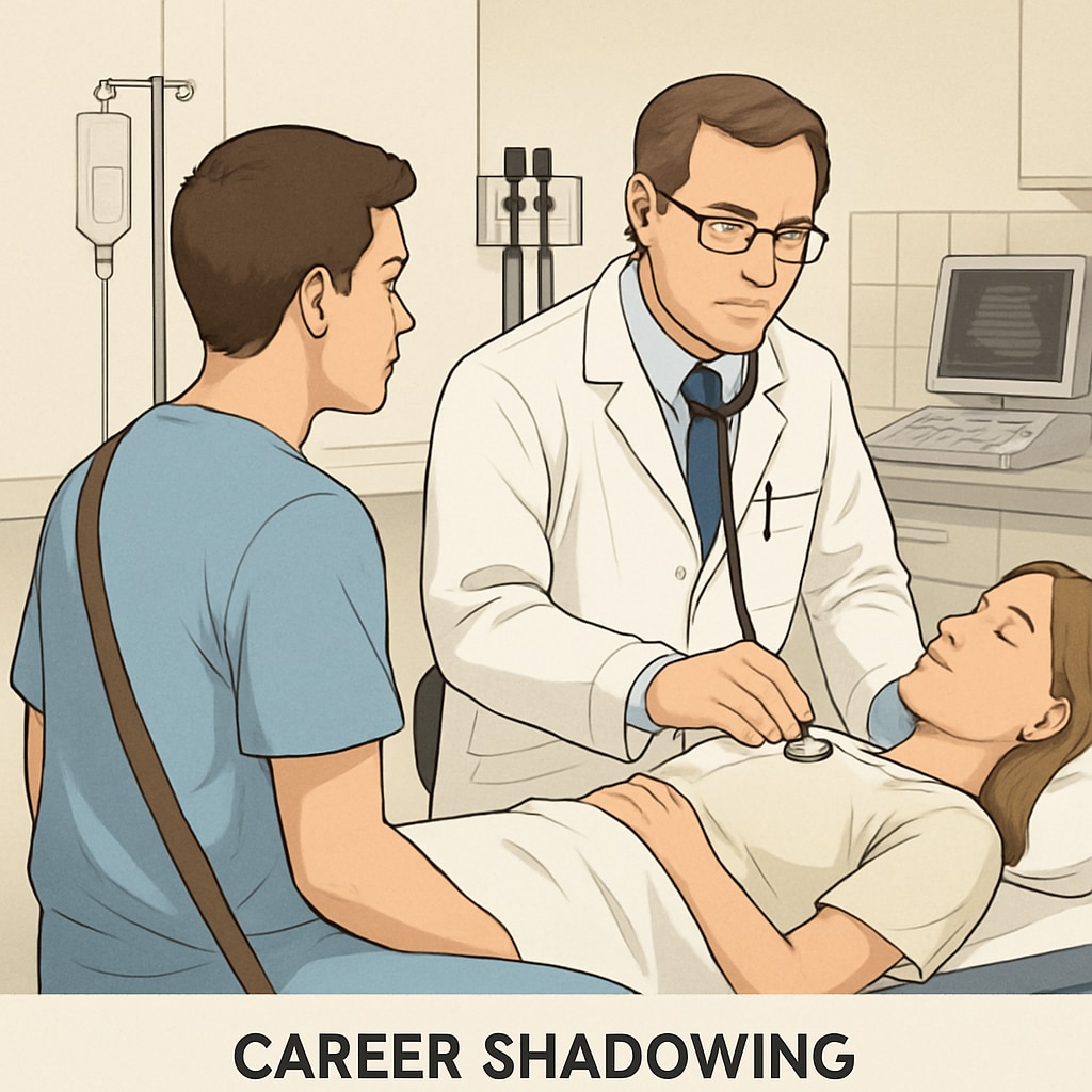 A student observing a doctor in a clinical setting, representing career shadowing opportunities. Student in a clinical setting shadowing a doctor for career exploration.