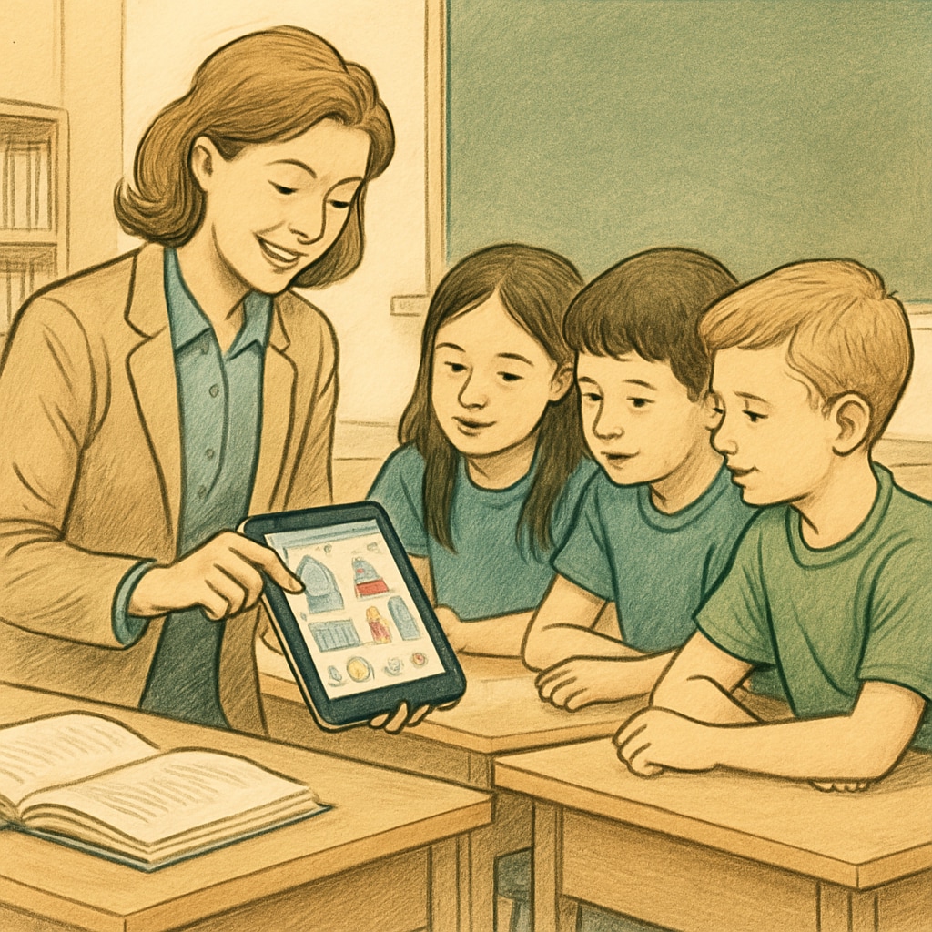 A teacher and students interacting with a tablet, showcasing real-world application of the app in a classroom setting. Teacher and students using a tablet for educational purposes