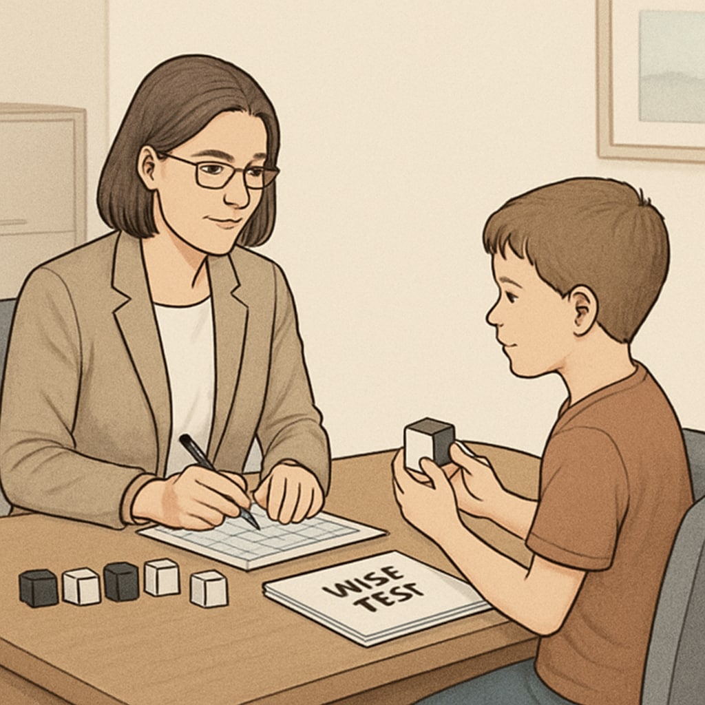 A licensed psychologist administering the WISC test to a child in a quiet, professional setting. Psychologist conducting the WISC test for a child, showcasing intelligence testing methods.