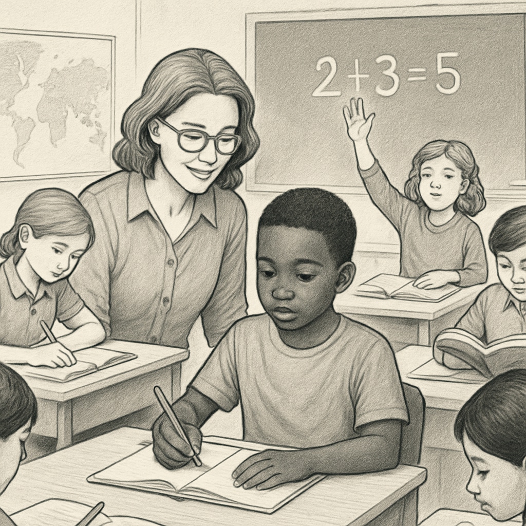 A classroom setting with a teacher and diverse students, symbolizing K12 education challenges. A classroom setting representing K12 educators and their challenges.