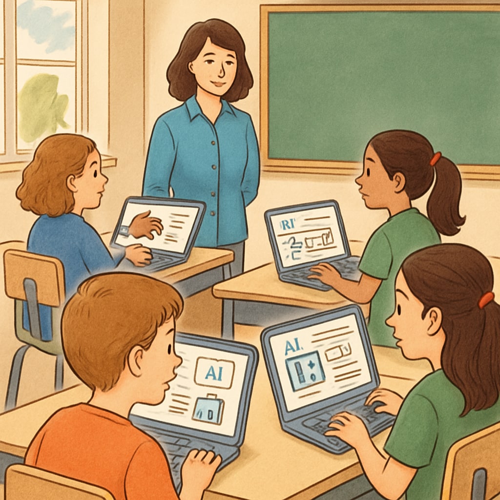 A classroom where students are using laptops with AI-driven educational software, illustrating personalized learning. Students using AI-powered educational tools for personalized learning in a classroom.