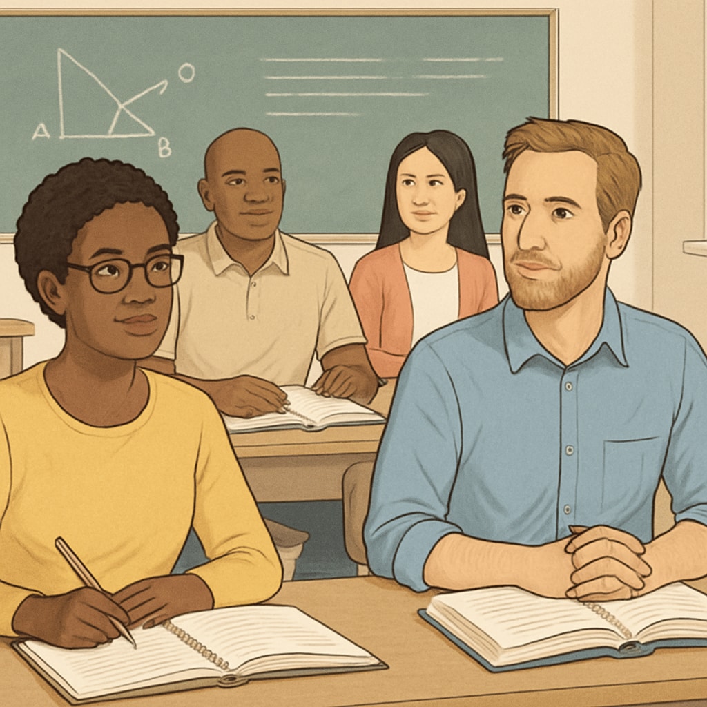 A diverse group of adult learners attending a K-12 foundational course in a classroom setting. Adult immigrants learning foundational K-12 subjects in a classroom.