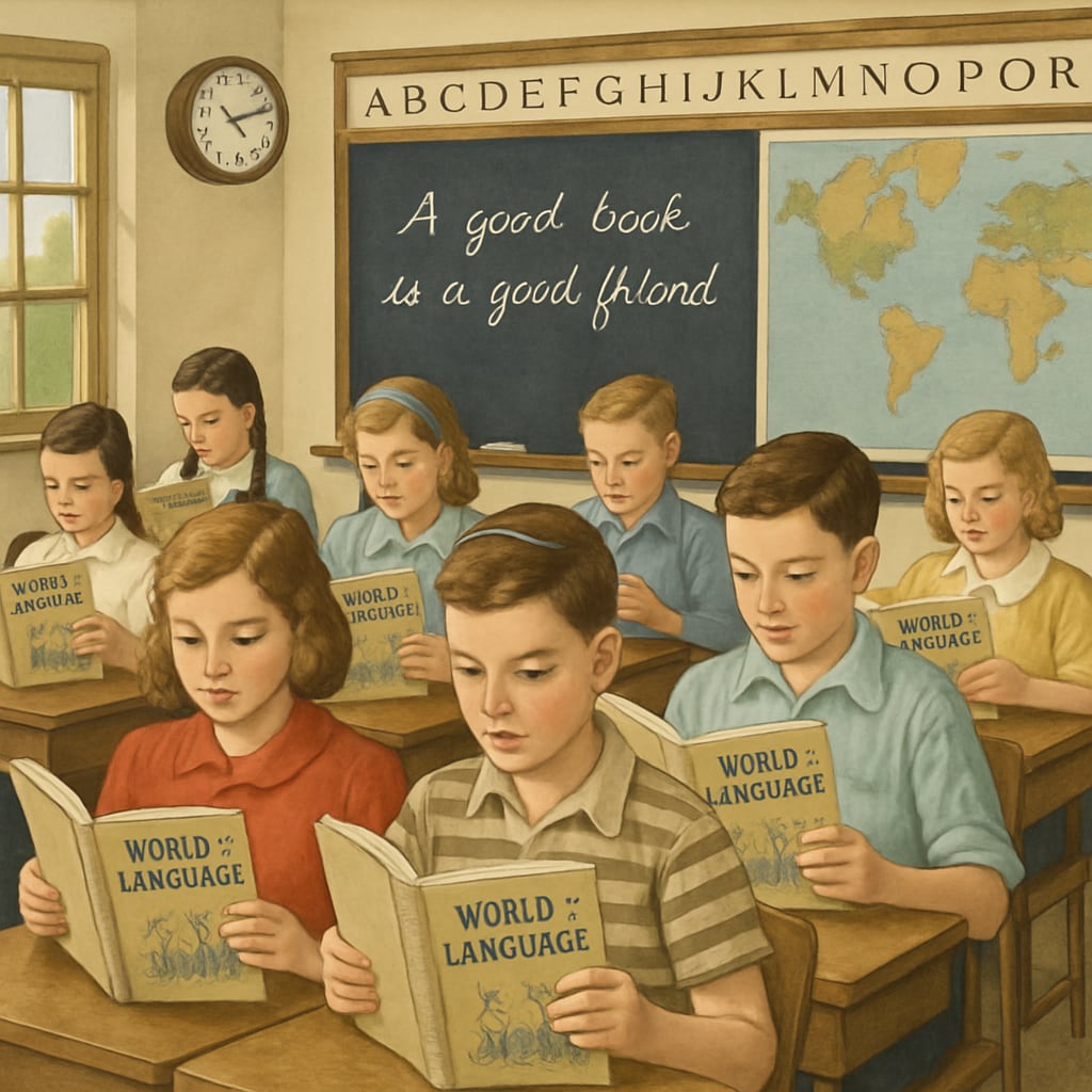 A vintage classroom with students using Students using