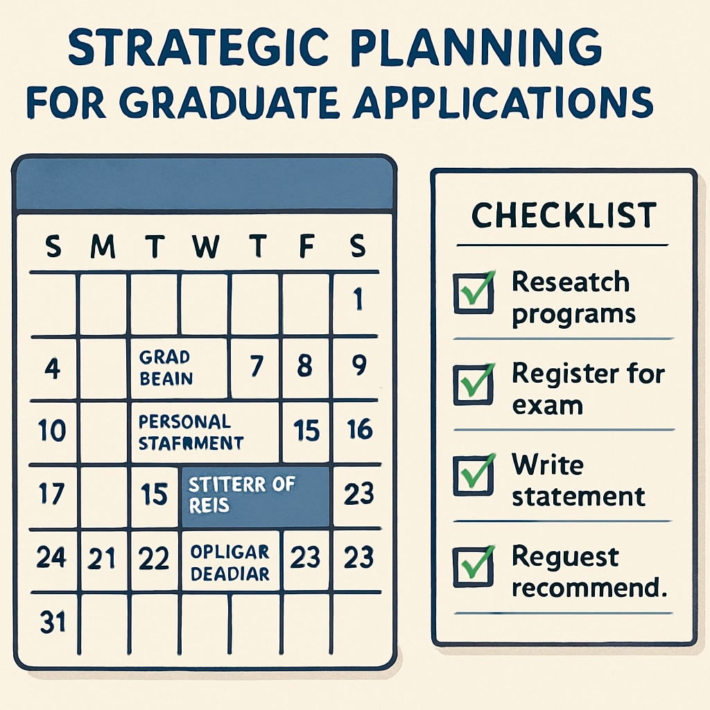 A calendar and checklist representing strategic planning for graduate applications. A depiction of a calendar and checklist for planning graduate applications.