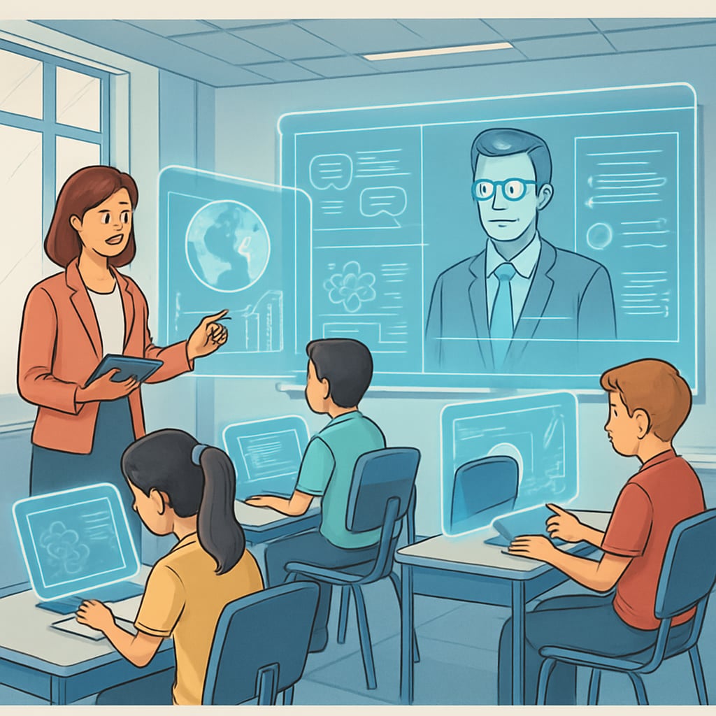 Conceptual illustration of AI-driven classrooms in 2030, featuring holographic displays and students interacting with virtual tutors. AI-driven classroom of the future with students and virtual tutors, showcasing 2030 education trends.