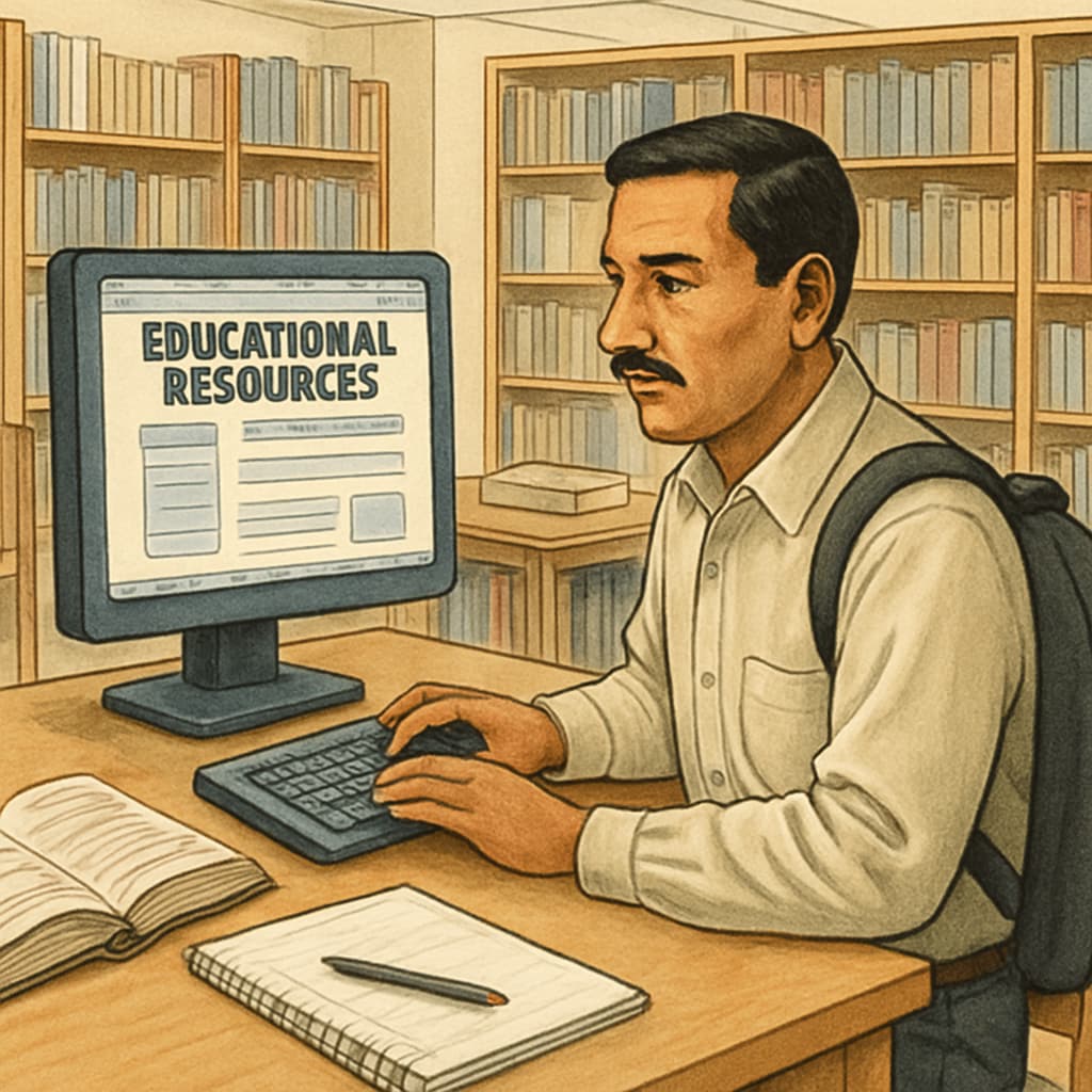 An adult immigrant using a computer at a public library to access educational resources. Adult immigrant accessing K-12 education resources on a computer at a library.