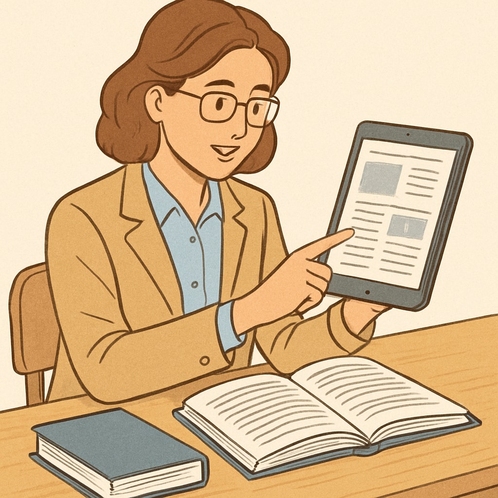 A teacher using a tablet alongside printed textbooks, representing the fusion of traditional methods like A teacher integrating technology with traditional