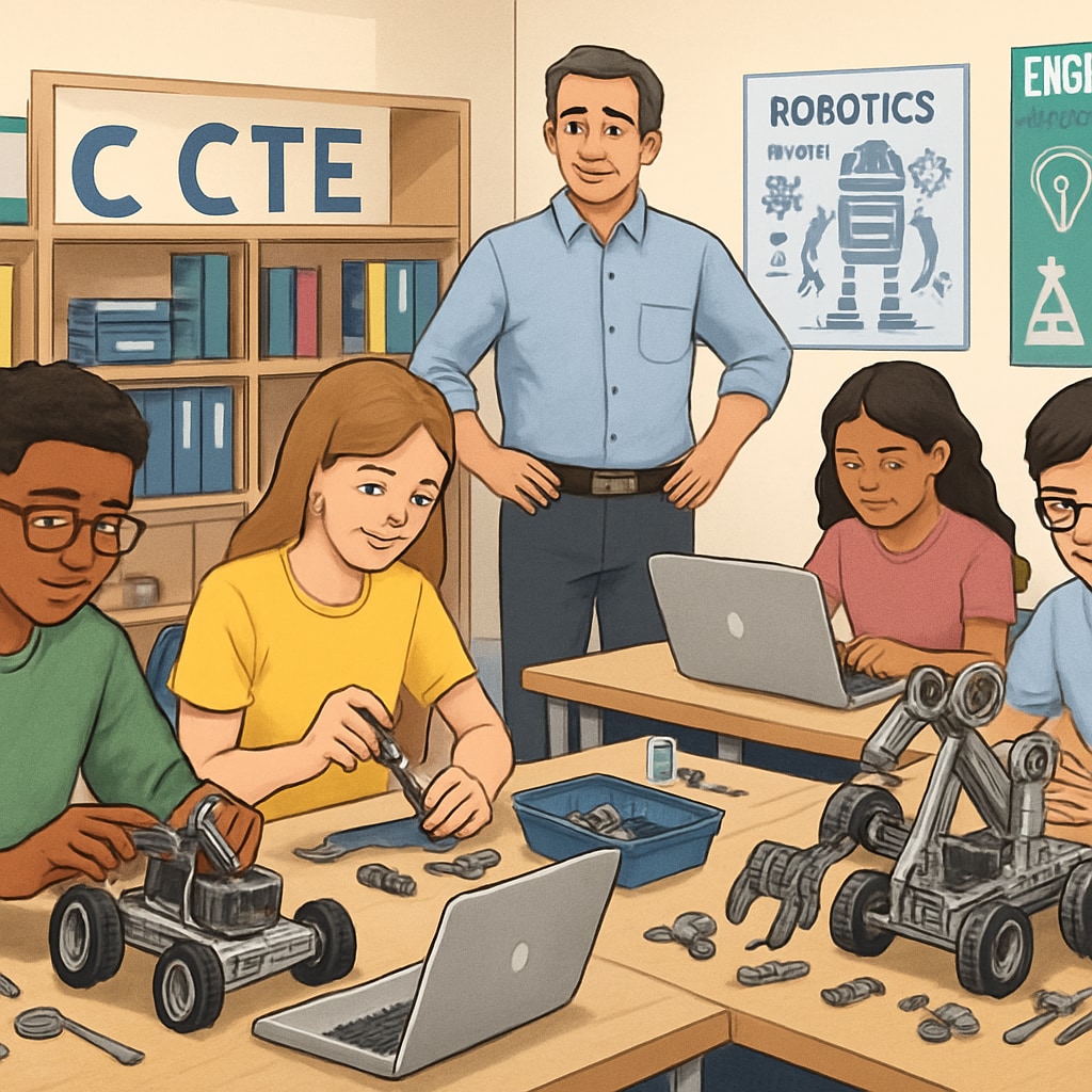 A classroom where students are working on robotics projects as part of a CTE program. Students engaged in robotics projects in a CTE classroom.