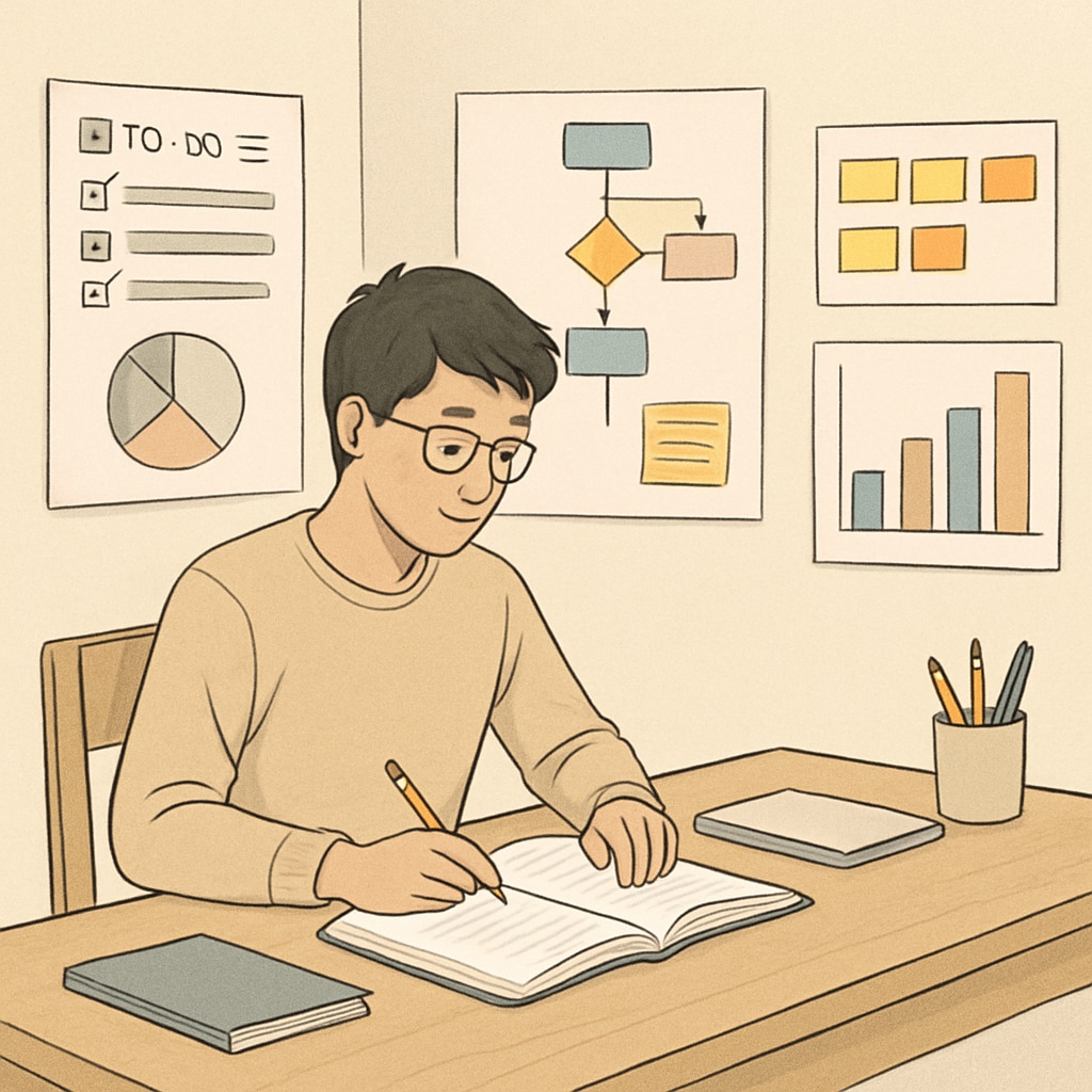A high school student studying at home with ADHD accommodations, such as a quiet, clutter-free space and visual aids. High school student with ADHD using accommodations for focused learning.