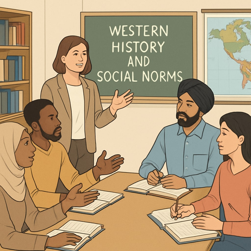 A classroom in New York where adult learners from different cultural backgrounds are engaging in a discussion about Western history and social norms. Adult learners discussing Western history and norms in a New York classroom.
