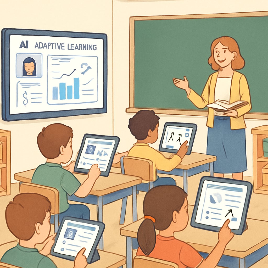 A classroom featuring AI-powered adaptive learning tools, where students interact with personalized digital interfaces. AI-powered adaptive learning tools in K12 education classroom