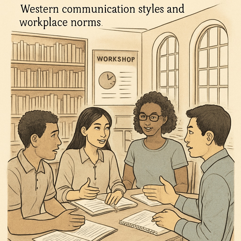International students participating in a workshop at the New York Public Library, discussing Western communication styles and workplace norms. International students in a workshop on Western communication styles at the New York Public Library.