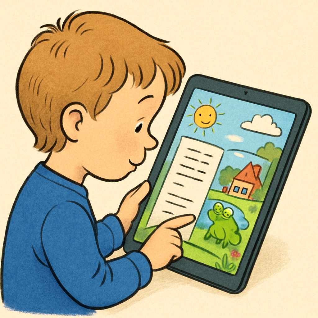 A child using a storybook app on a tablet, showcasing an interactive interface with colorful illustrations. A child exploring a children’s reading app with interactive storybooks.
