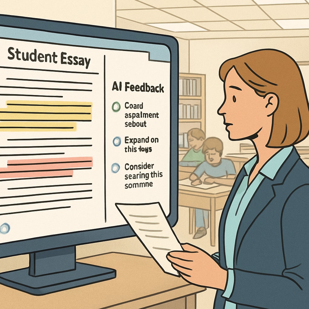 An AI system analyzing student essays and providing detailed feedback to a teacher in a modern classroom setting. AI-driven assessment system analyzing student work for feedback