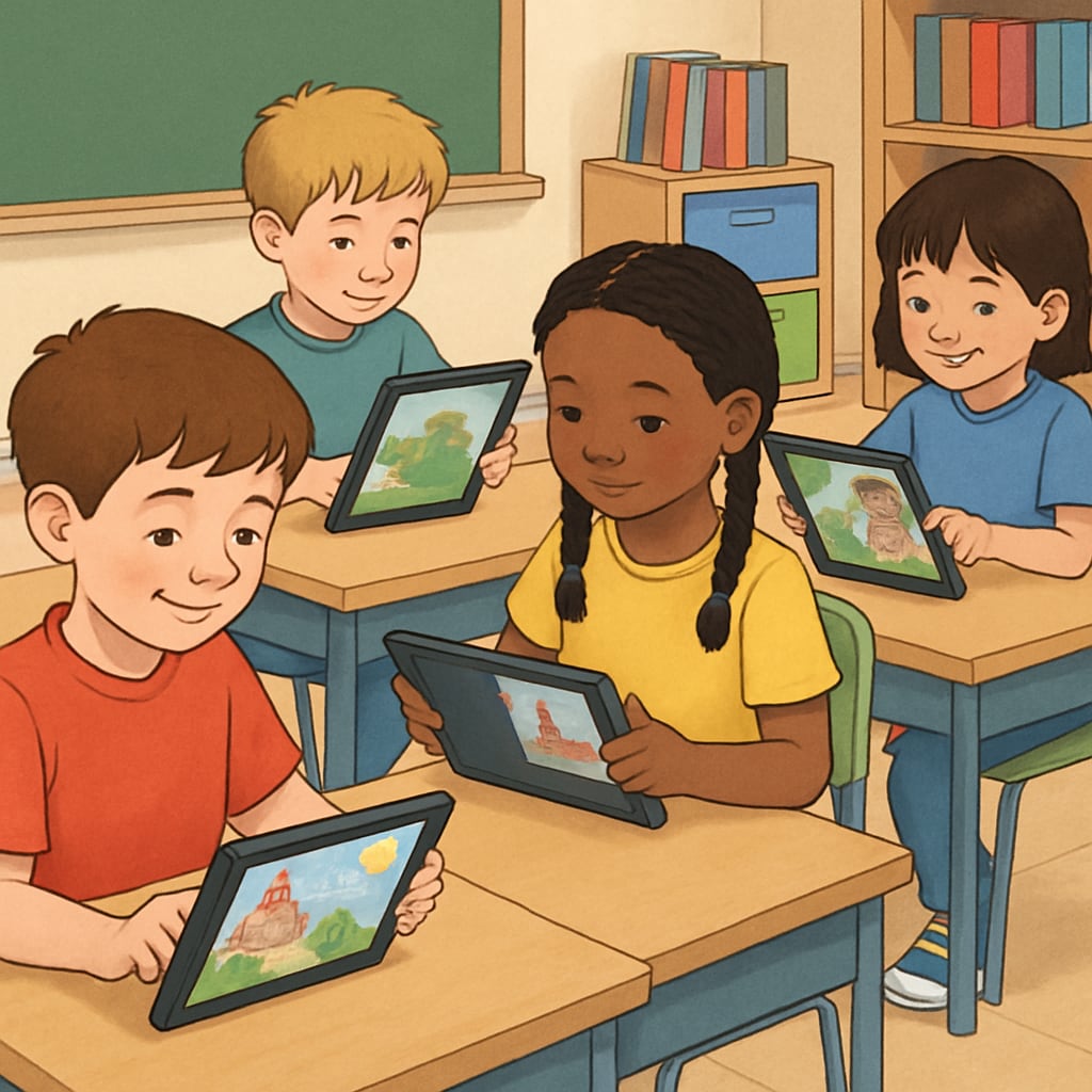 A group of children reading digital storybooks on tablets in a classroom environment. Children in a classroom setting using a digital storybook application.
