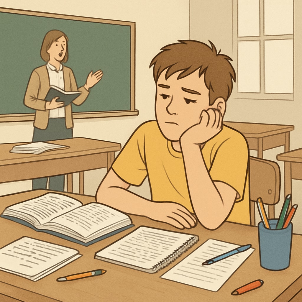 A student appearing disinterested during a lecture, with open textbooks and notes on the desk, illustrating disengagement in traditional education. Disengaged student during a lecture with scattered notes and books.