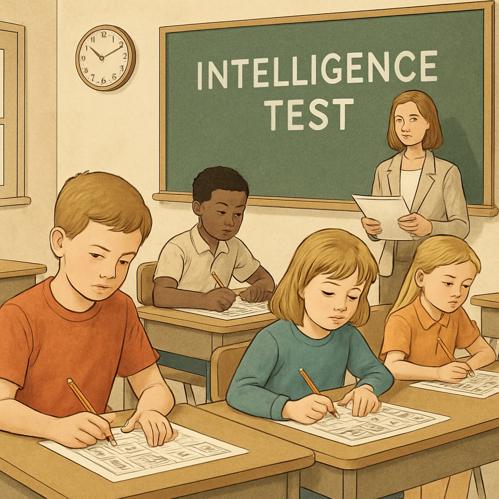 A classroom setting where children are engaged in a standardized intelligence test, representing the process of talent assessment. Children taking a standardized intelligence test for talent assessment.
