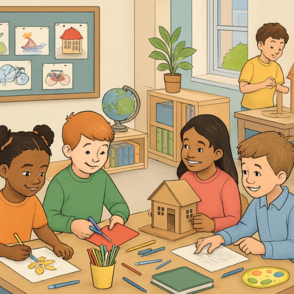 A classroom setting highlighting a diverse group of students working on creative projects, illustrating inclusivity in education. Gifted education programs emphasizing diverse student talents.