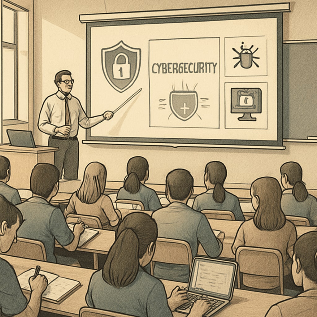 A professional lecture hall with students engaged in a cybersecurity class, illustrating the importance of university education in shaping careers. Students in a lecture hall learning cybersecurity concepts tied to university reputation and employment.