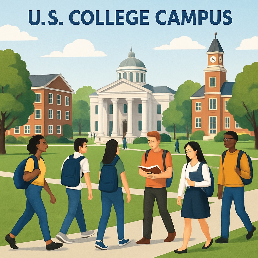 A college campus in the U.S. with students walking across the lawn, symbolizing education and study abroad opportunities. College campus in the U.S. representing study abroad and education opportunities