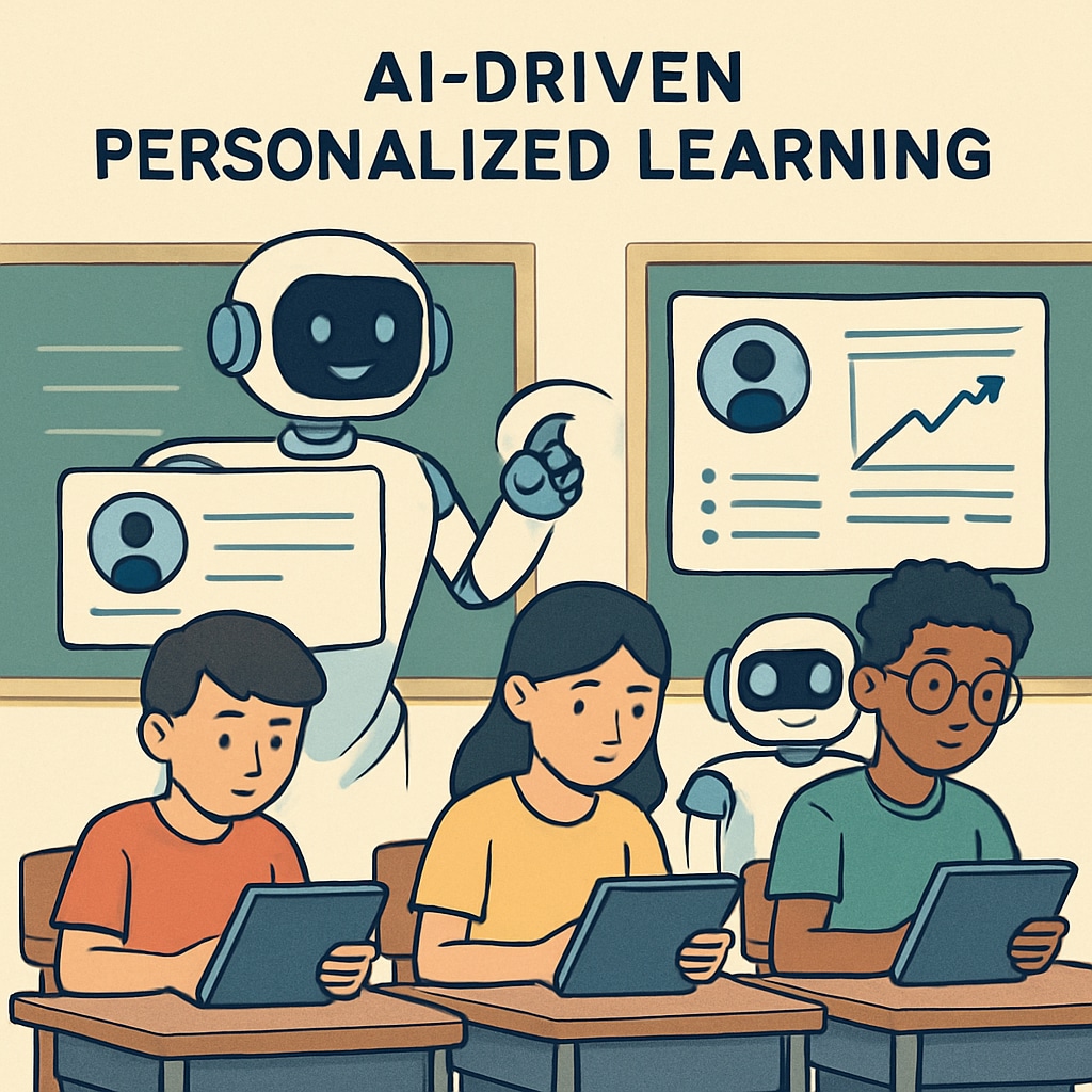 A conceptual illustration of AI-driven personalized learning, showing students working on tablets with AI tutors analyzing their progress in real-time. AI-driven personalized learning reshaping K12 education by 2030