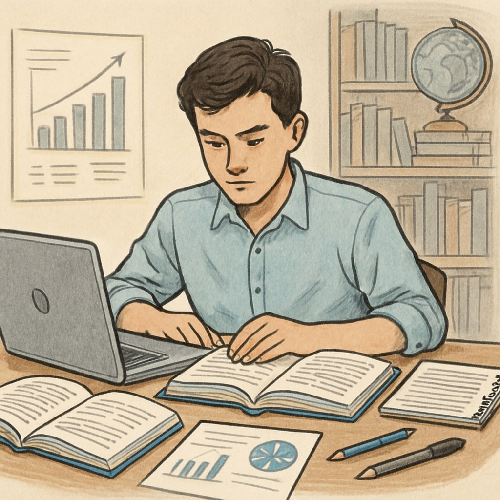 A student studying with a laptop and books, representing preparation for graduate studies in the U.S. Student preparing for graduate studies in the U.S. with laptop and books