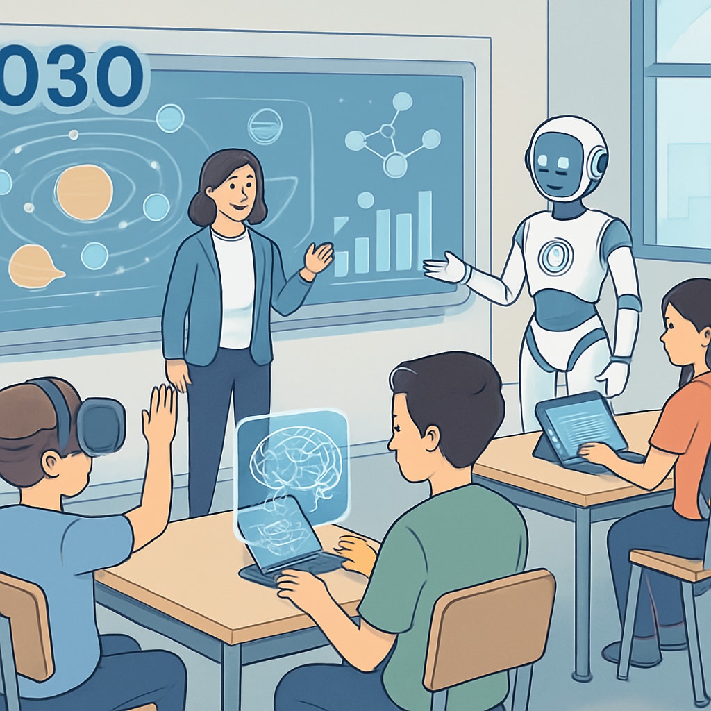 A futuristic classroom in 2030, featuring holographic displays, AI-driven virtual assistants, and students engaging in interactive VR learning experiences. AI-powered futuristic classroom in 2030 education trends