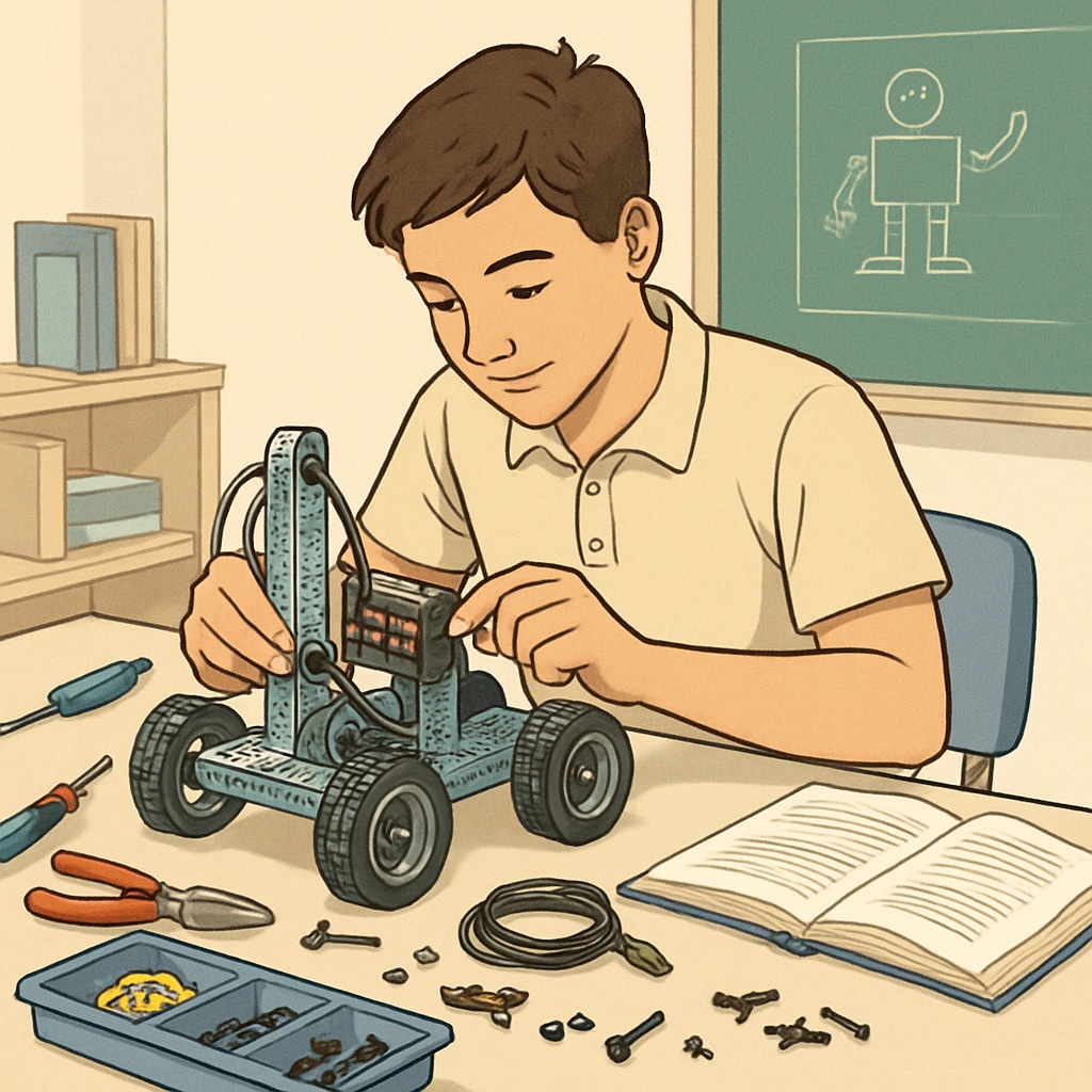 A high school student engaged in a hands-on robotics project, representing the blend of technical skills with academic learning. High school student working on a robotics project, illustrating career and technical education integration.