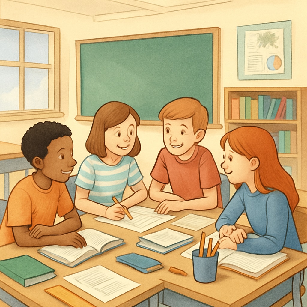 A classroom scene where students are collaborating on a group project, symbolizing the shift from traditional grades to participatory assessment. Students engaged in group learning activities, representing participatory education assessments.