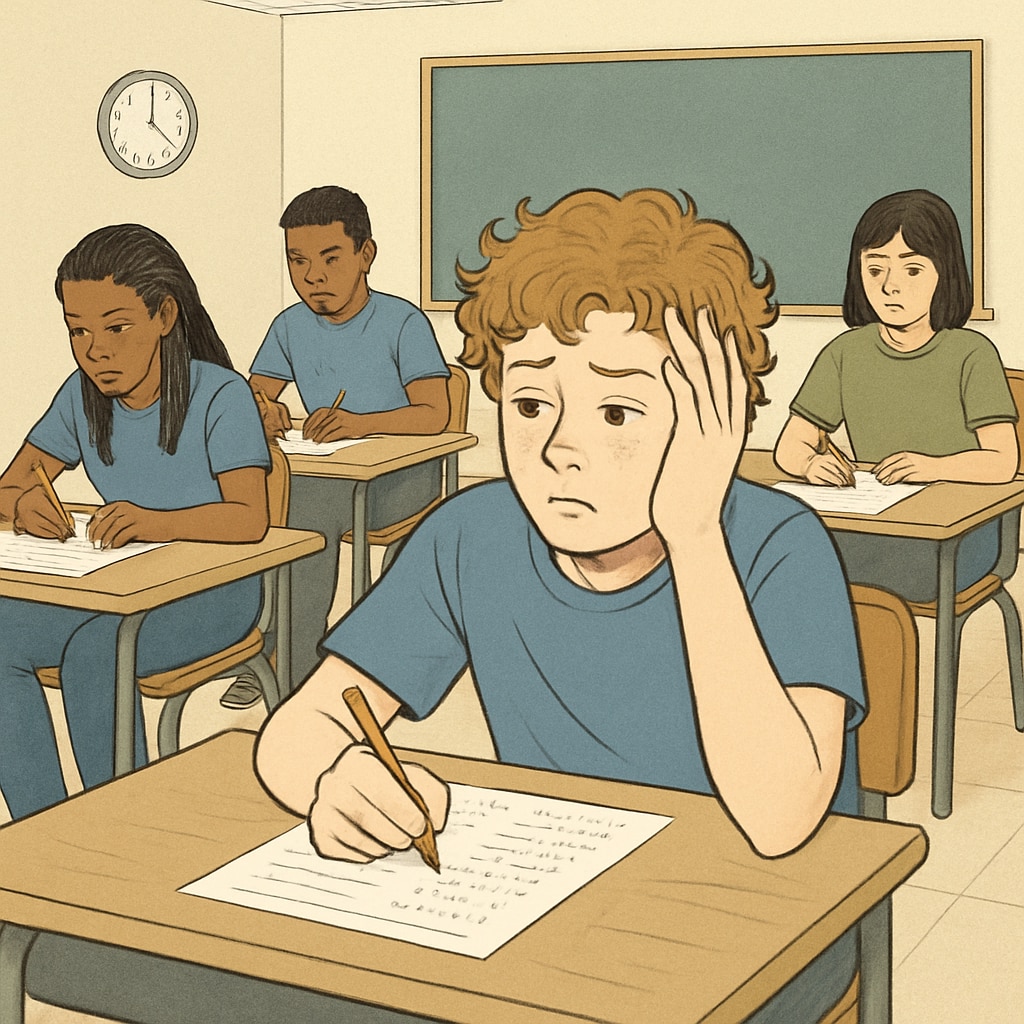Students taking standardized tests in a classroom, illustrating ADHD challenges in gifted education.