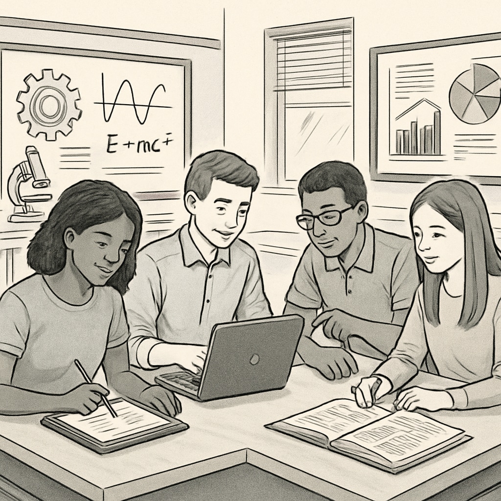 Students working collaboratively in a classroom equipped with advanced technology, highlighting the integration of technical and academic education. Students collaborating in a high-tech classroom, showcasing balanced technical and academic learning.