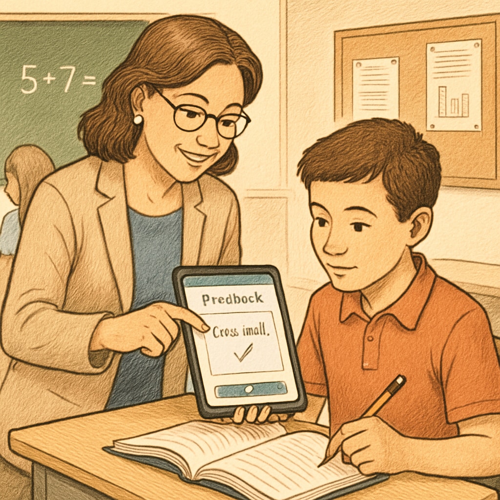 A teacher using a digital platform to provide real-time feedback to a student, showcasing personalized learning assessment through technology. Teacher offering real-time feedback on a digital platform to a student.