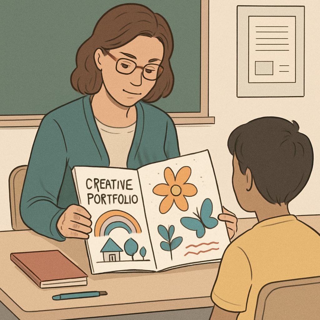 A teacher assessing a student’s creative portfolio, showcasing alternative gifted identification methods.