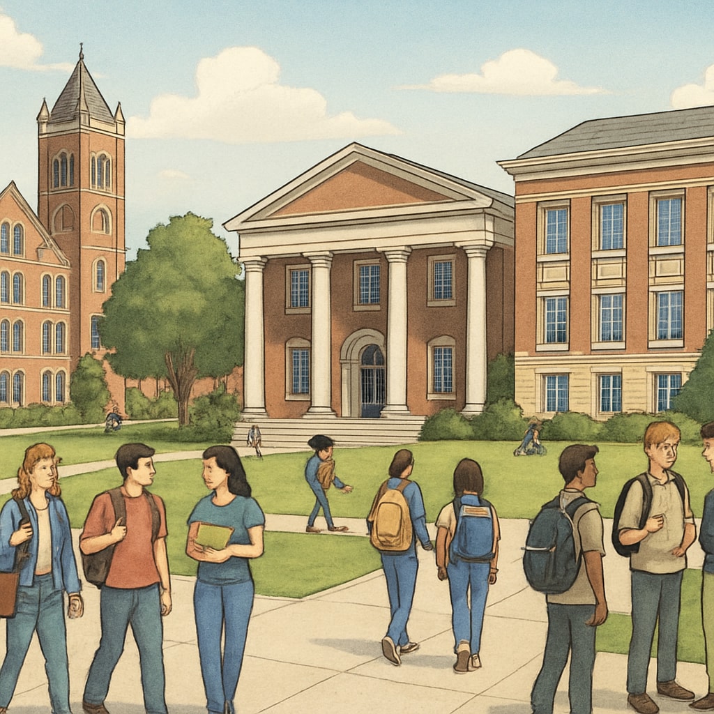 A university campus in the United States, showcasing academic buildings and students walking. Represents the idea of pursuing higher education abroad. U.S. university campus related to master's applications