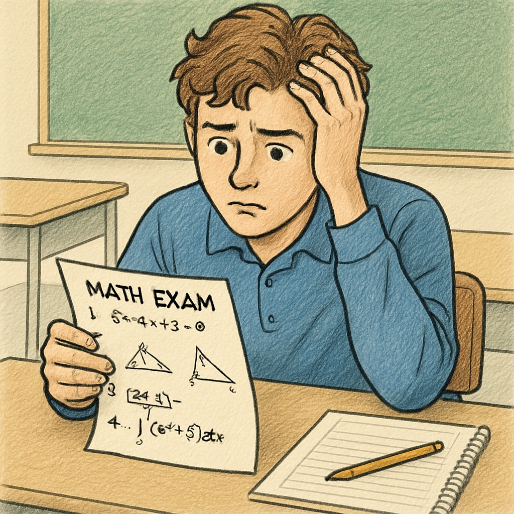 A high school student sitting at a desk, appearing stressed while reviewing a math exam paper. High school student struggling with math anxiety and exam stress while reviewing a test.