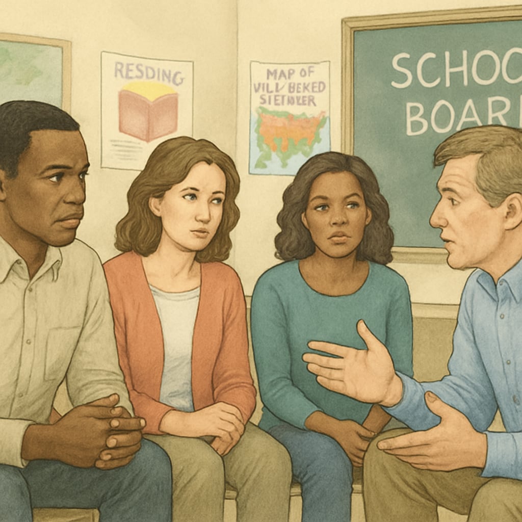 A group of concerned parents at a community meeting discussing school board issues. The image emphasizes the importance of community involvement in education. Concerned parents at a community meeting discussing school board issues