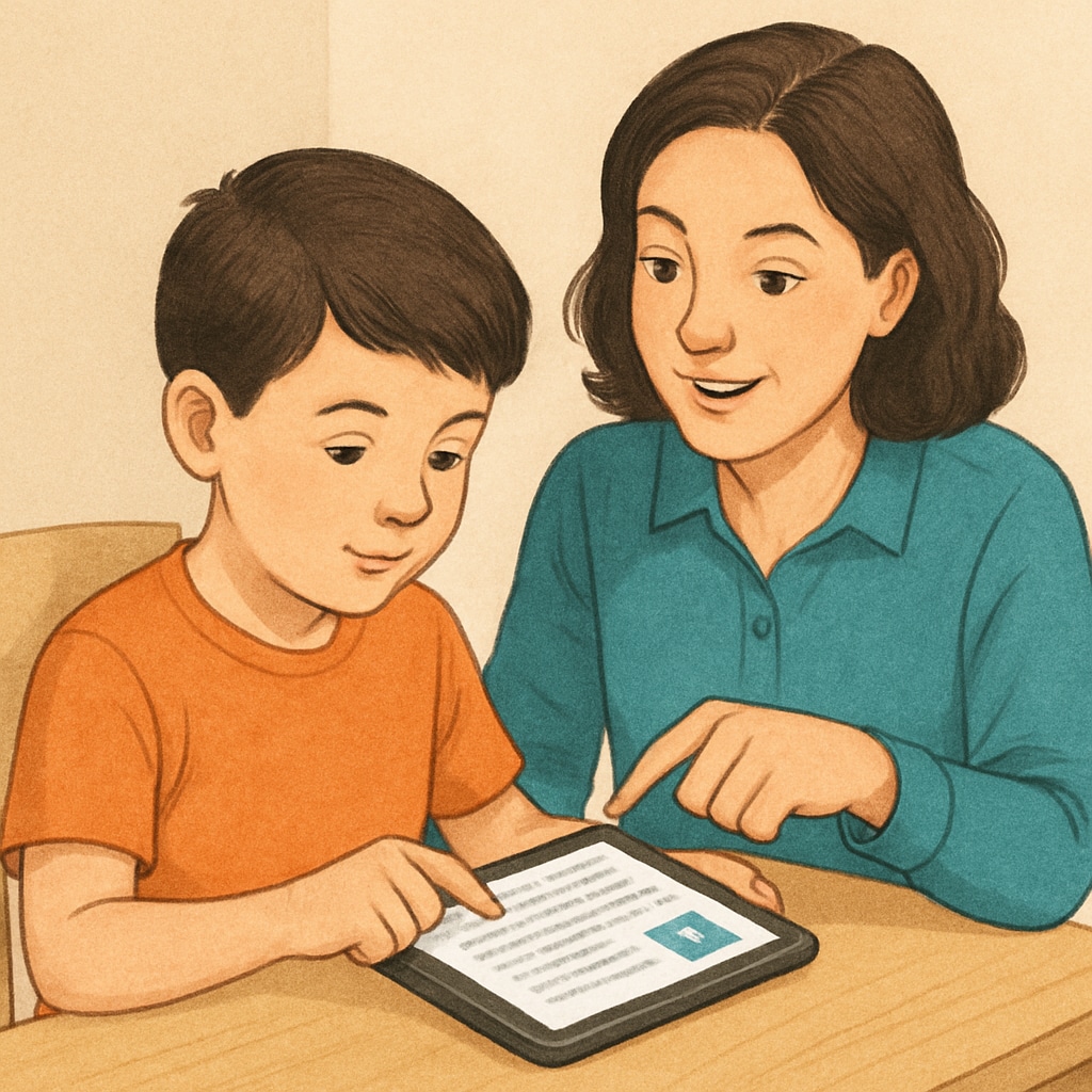 A vibrant image of a child using a tablet to read with a parent nearby, emphasizing interactive learning experiences. Child reading with a parent using an Android-based children’s reading app