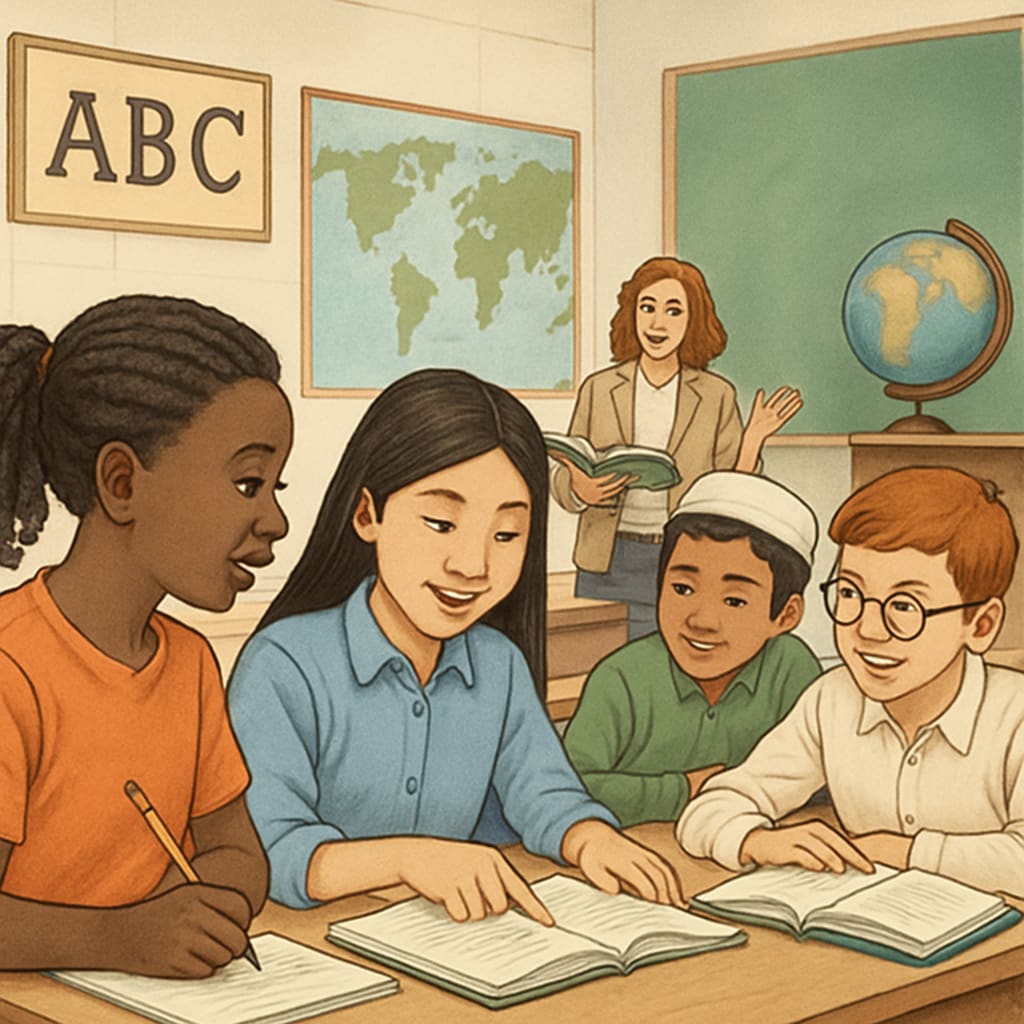 A classroom setting with diverse students, highlighting global education approaches. Represents the integration of international teaching techniques. Classroom with diverse students related to U.S. master's applications