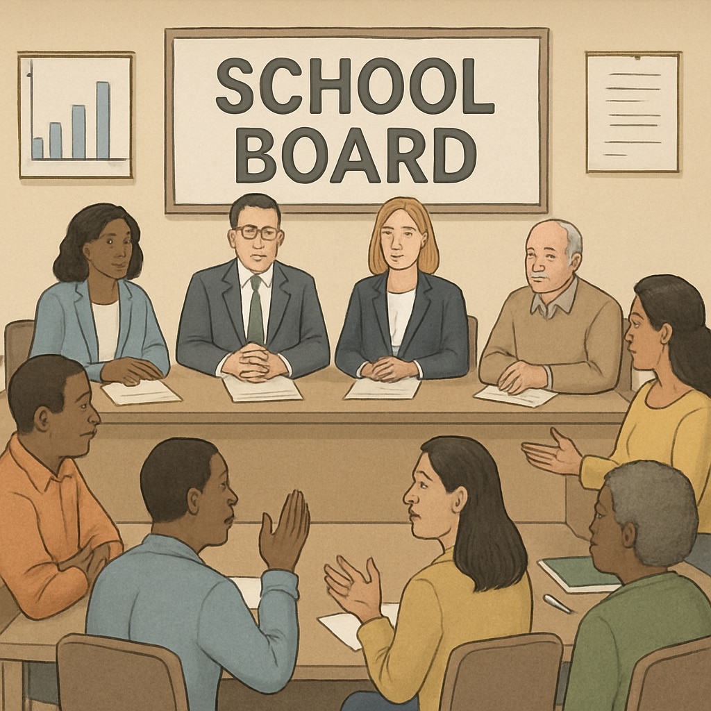 A school board meeting with diverse community members participating in a discussion. The image showcases the importance of public engagement in school governance. School board meeting with diverse community members