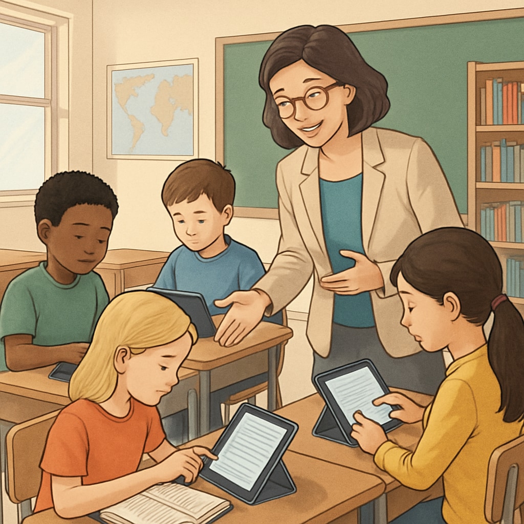 A teacher guiding students through a reading activity on tablets in a classroom environment, showcasing collaborative learning. Classroom setting with children learning through a digital reading app on Android devices
